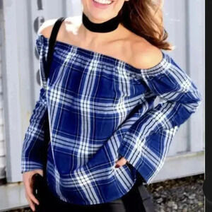 Cloth And Stone Blue Plaid Off The Shoulder Homestead Top Anthropologie Sz Small